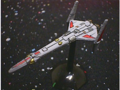 Jpeg picture of RAFM's Patrol Cruiser from their Traveller line of spaceship miniatures.